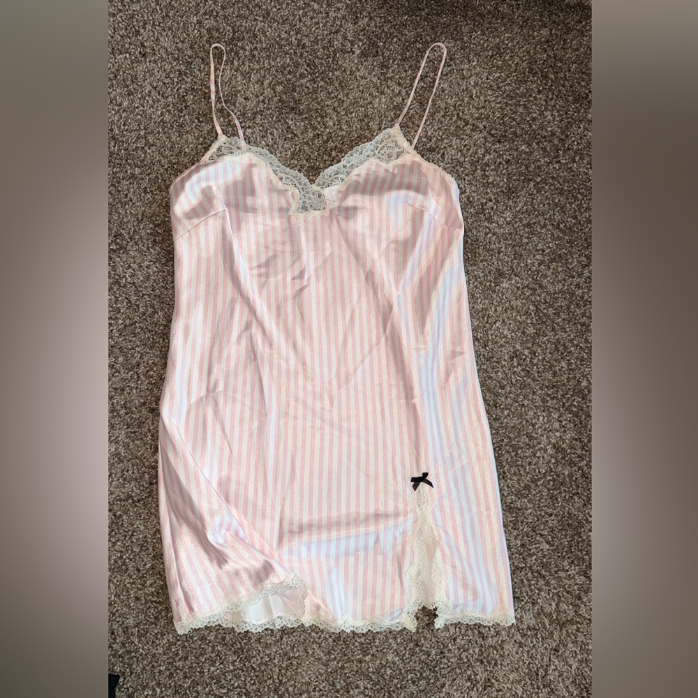 Vintage Victoria’s secret Angel Pink Striped Lace Trim Slip Dress